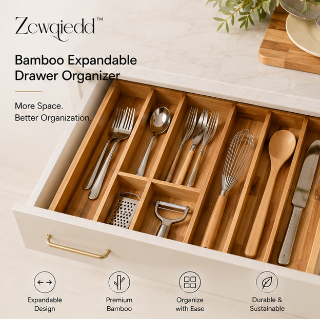 Zcwqiedd™ Bamboo Expandable Drawer Organizer for Kitchen Utensils