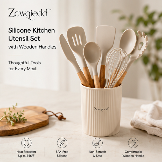 Zcwqiedd™ Silicone Kitchen Utensil Set with Wooden Handles
