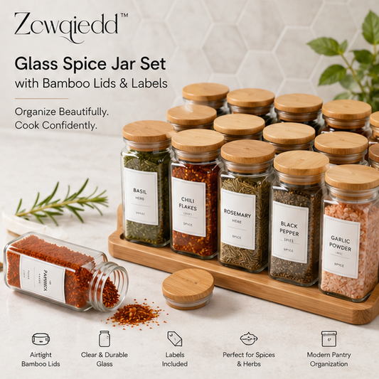 Zcwqiedd™ Glass Spice Jar Set with Bamboo Lids & Labels